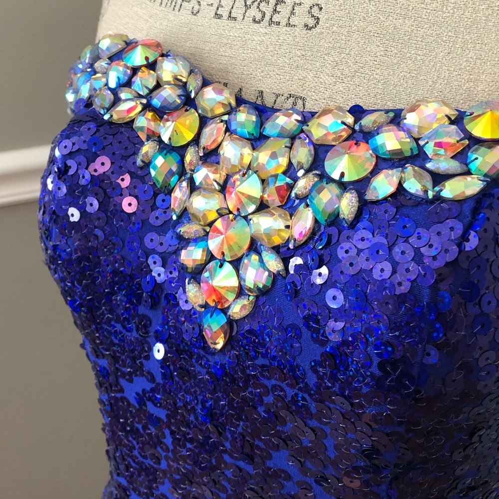 🔴CLEARANCE NEW TIFFANY DESIGNS SZ 2 ROYAL BLUE SEQUIN BEAD CORSET HIGH LOW GOWN - Picture 4 of 13